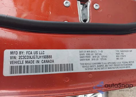 2020 Dodge Charger Sxt Awd из США, поврежденный, VIN 2C3CDXJG7LH190888